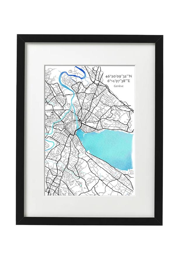 Illustration imprimée encadrée `Genève Map` Cadre Noir - Anne-Sophie Villard