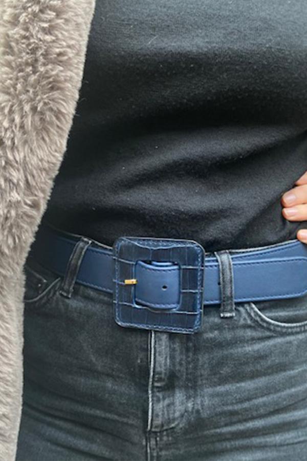 Blue belt with navy blue grained buckle - C.C Mère et fille