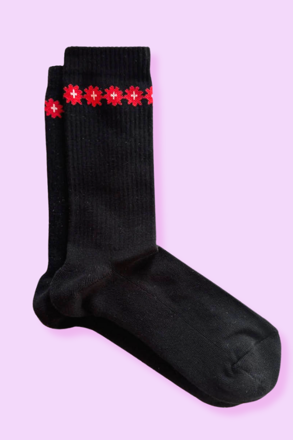 Socks `Red Flowers - Swiss` Black - Pierre-Lou des Alpes