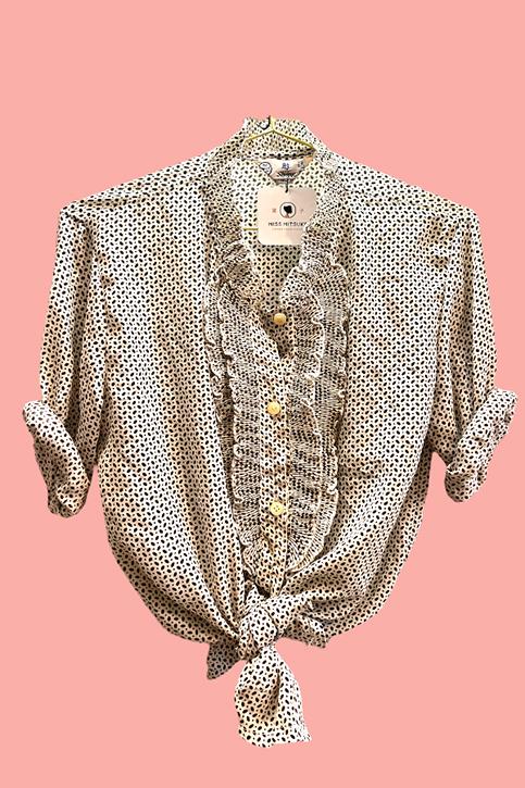 Vintage Buttoned Shirt `Katharine` Pattern Off-white & Brown - Miss Mitzuko